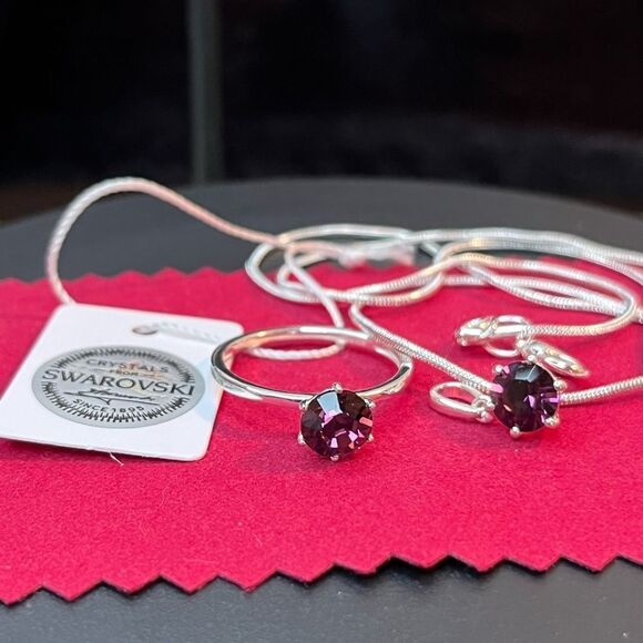 SWAROVSKI AMETHYST CRYSTALSOLITAIRE RING 9 & PENDANT NECKLACE 20” SILVER CHAIN